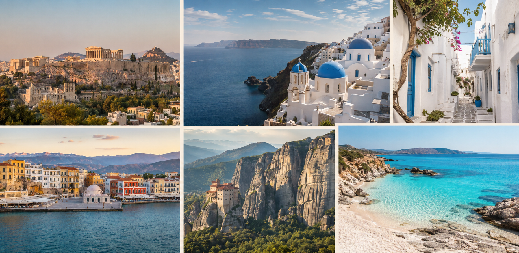 A collage of the Acropolis in Athens, Santorini, a Cycladic village, Crete, Meteora, and a turquoise Greek island beach
